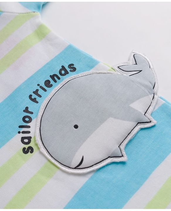 Babyhug 100% Cotton Interlock Knit Half Sleeves Striped Rompers With Fish Applique - White