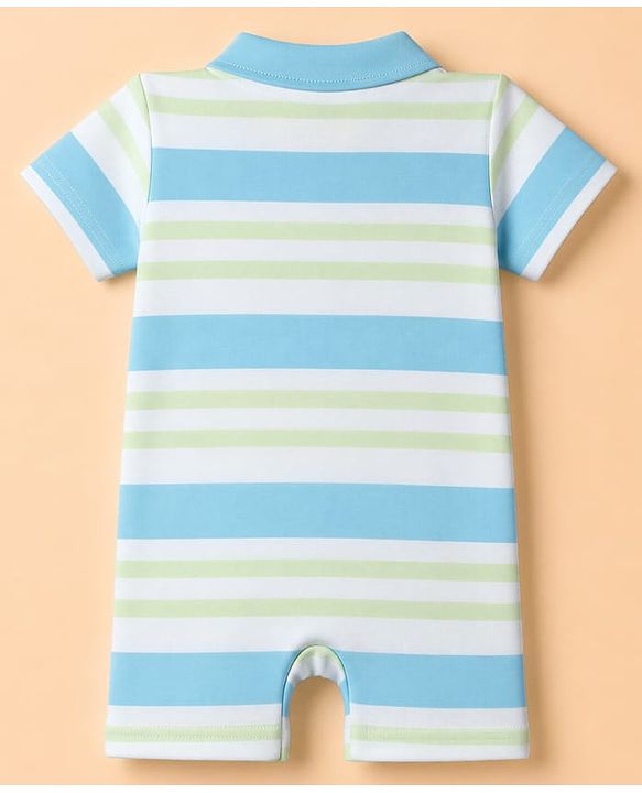 Babyhug 100% Cotton Interlock Knit Half Sleeves Striped Rompers With Fish Applique - White