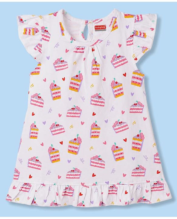 Babyhug 100% Cotton Knit Half Sleeves Nighty With Heart & Ice-cream Print - White