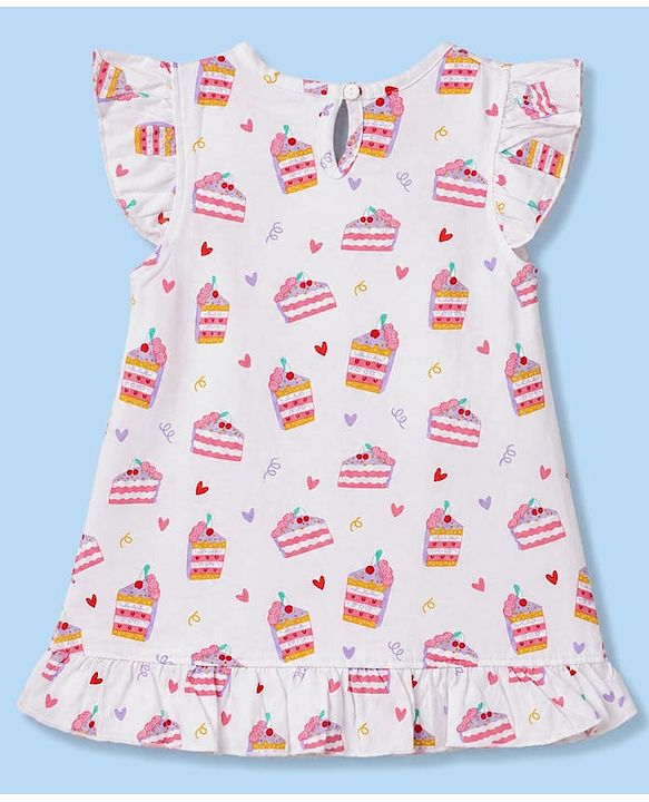 Babyhug 100% Cotton Knit Half Sleeves Nighty With Heart & Ice-cream Print - White