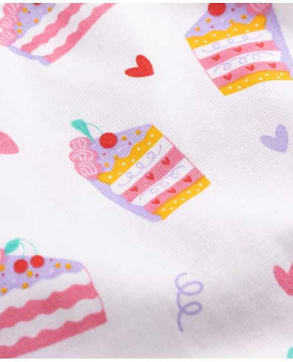 Babyhug 100% Cotton Knit Half Sleeves Nighty With Heart & Ice-cream Print - White