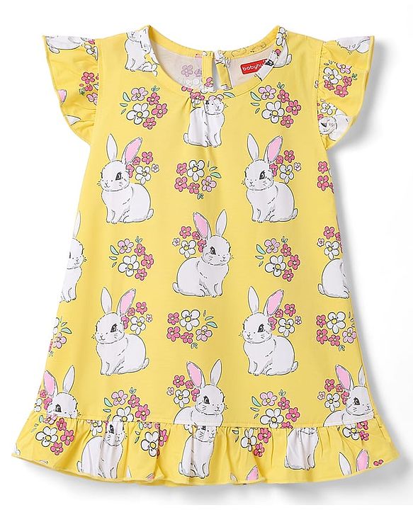 Babyhug 100% Cotton Knit Half Sleeves Nighty With Rabbit Print - Yellow