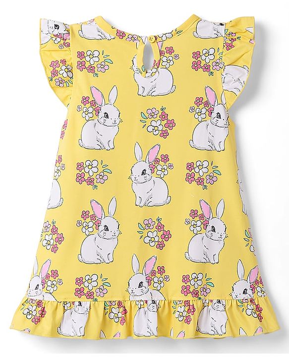 Babyhug 100% Cotton Knit Half Sleeves Nighty With Rabbit Print - Yellow