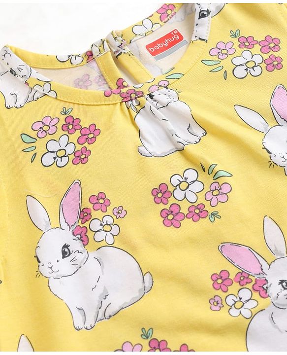 Babyhug 100% Cotton Knit Half Sleeves Nighty With Rabbit Print - Yellow
