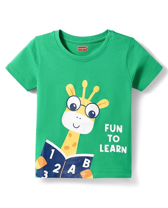 Babyhug 100% Cotton Knit Half Sleeves T-Shirt & Pyjama Night Suit With Giraffe & Alphabet Print - Green & Blue