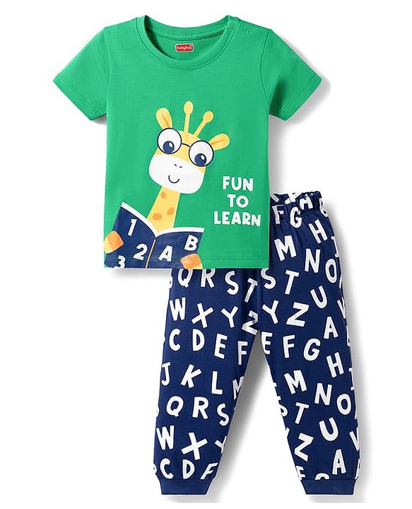 Babyhug 100% Cotton Knit Half Sleeves T-Shirt & Pyjama Night Suit With Giraffe & Alphabet Print - Green & Blue