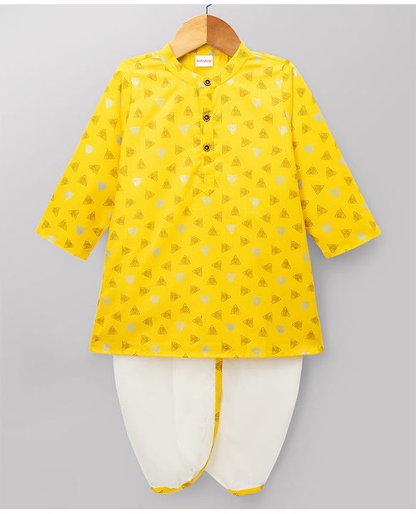 Babyhug 100% Cotton Cambric Woven Full Sleeves Triangles Printed Kurta & Dhoti Set - Yellow