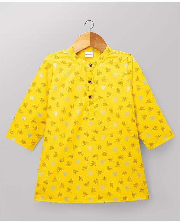 Babyhug 100% Cotton Cambric Woven Full Sleeves Triangles Printed Kurta & Dhoti Set - Yellow