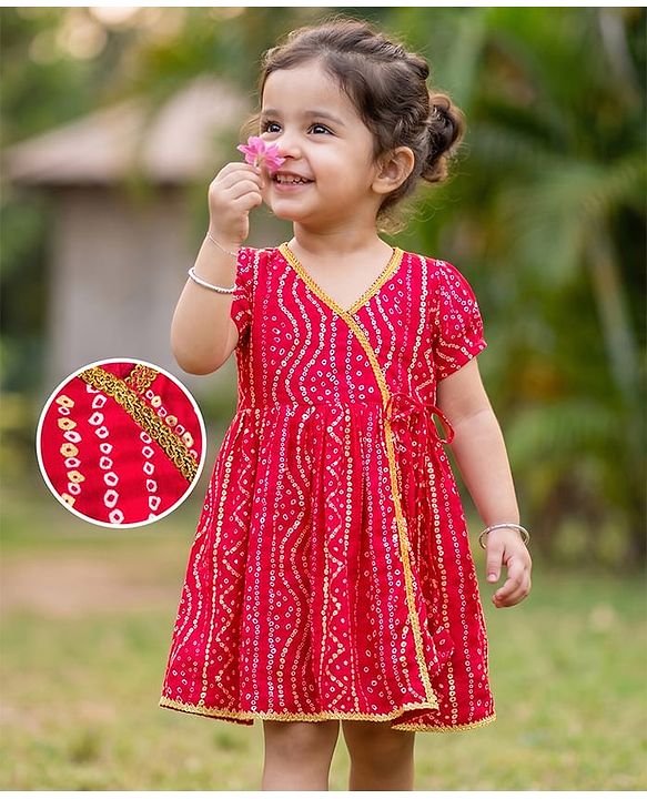 Babyhug Cambric Woven Half Sleeves Bandhani Printed Ethnic Dress - Fuchsia