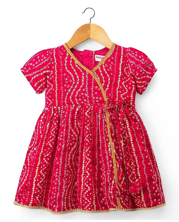 Babyhug Cambric Woven Half Sleeves Bandhani Printed Ethnic Dress - Fuchsia