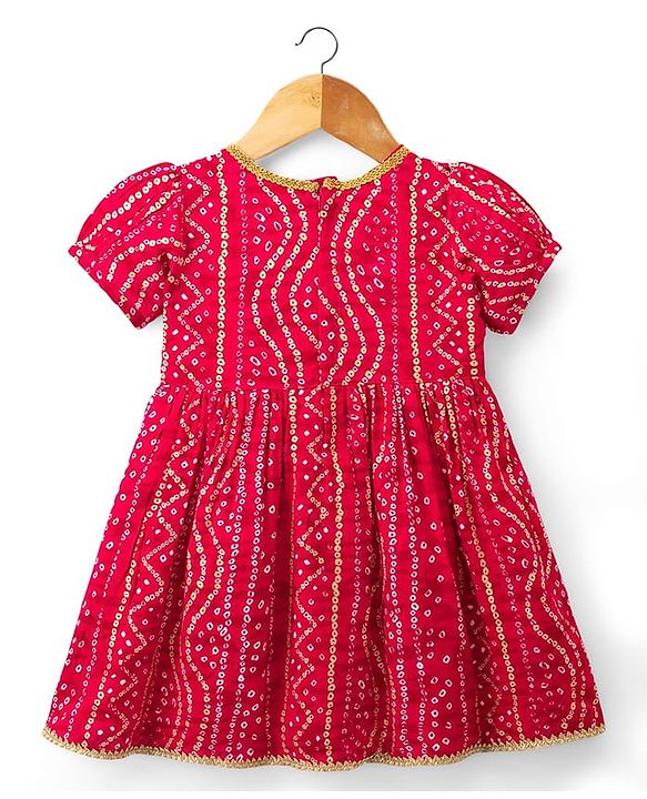 Babyhug Cambric Woven Half Sleeves Bandhani Printed Ethnic Dress - Fuchsia