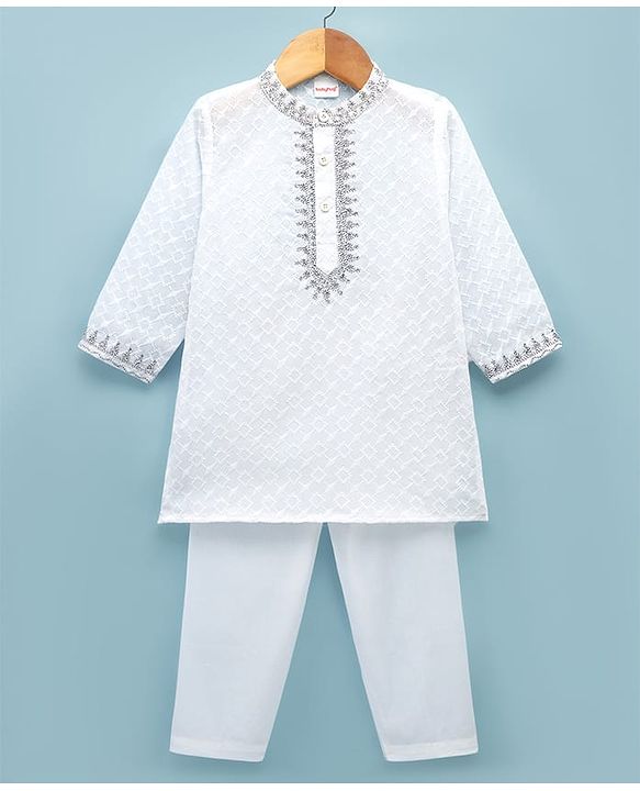 Babyhug Cotton Woven Full Sleeves Embroidered Kurta & Pyjama Set - White