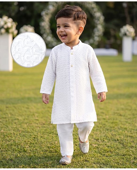 Babyhug 100% Cotton Cambric Woven Full Sleeves Hakkoba Kurta Pyjama Set - White