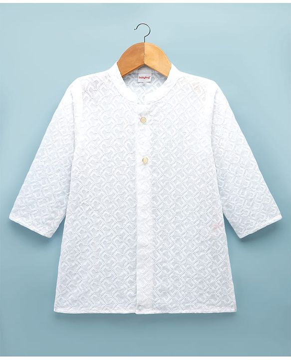 Babyhug 100% Cotton Cambric Woven Full Sleeves Hakkoba Kurta Pyjama Set - White