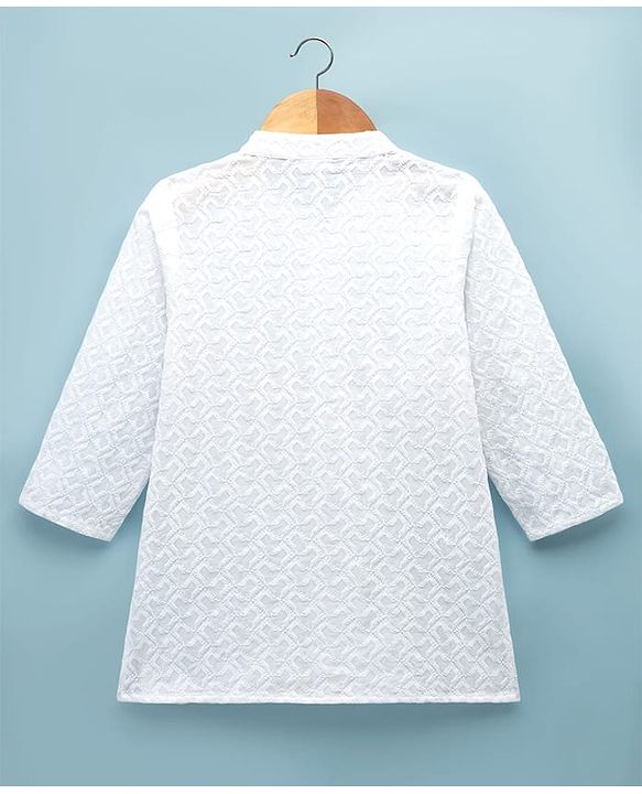 Babyhug 100% Cotton Cambric Woven Full Sleeves Hakkoba Kurta Pyjama Set - White