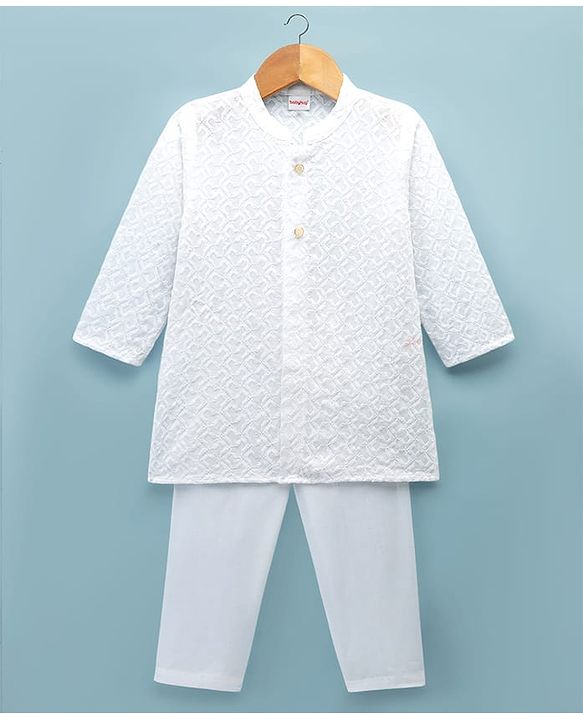 Babyhug 100% Cotton Cambric Woven Full Sleeves Hakkoba Kurta Pyjama Set - White