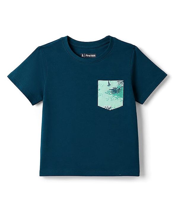 Pine Kids Cotton Knit Half Sleeves T-Shirt & Shorts Set with Tropical Theme Print - Teal Blue