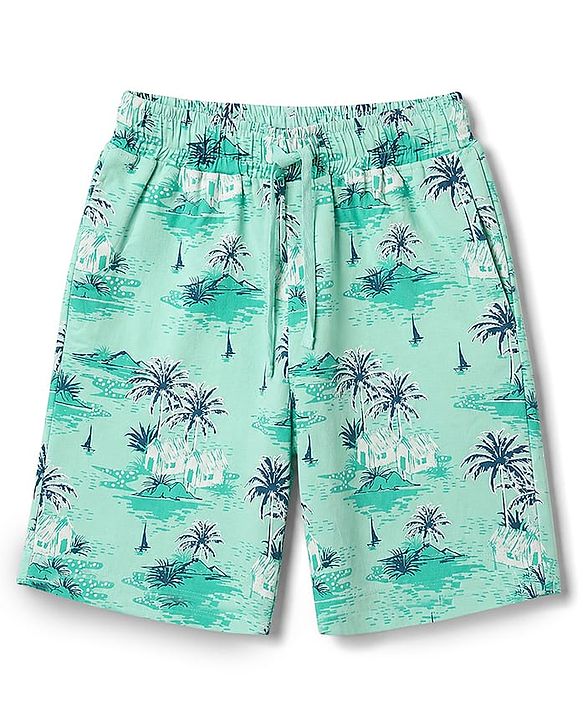 Pine Kids Cotton Knit Half Sleeves T-Shirt & Shorts Set with Tropical Theme Print - Teal Blue