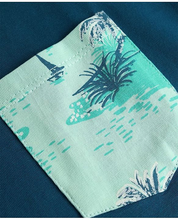 Pine Kids Cotton Knit Half Sleeves T-Shirt & Shorts Set with Tropical Theme Print - Teal Blue