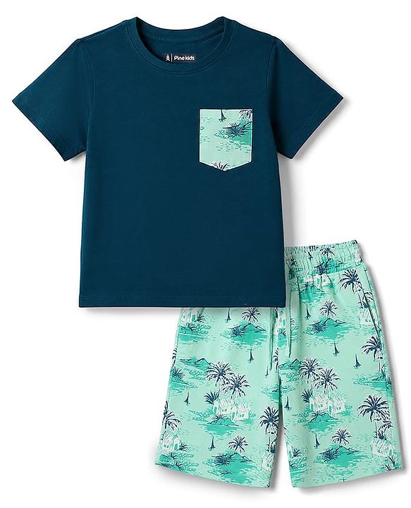 Pine Kids Cotton Knit Half Sleeves T-Shirt & Shorts Set with Tropical Theme Print - Teal Blue