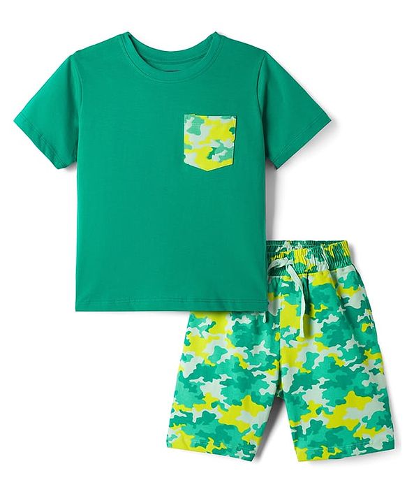 Pine Kids Cotton Knit Half Sleeves Camouflage Printed T-Shirt & Shorts Night Suit - Green