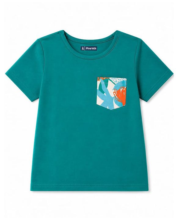 Pine Kids Cotton Knit Half Sleeves T-Shirt & Shorts Set with Tropical Theme Print - Green