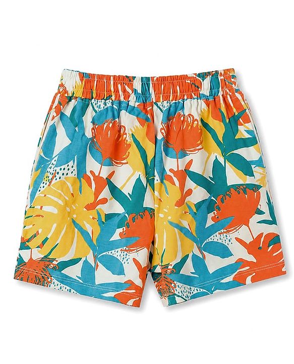 Pine Kids Cotton Knit Half Sleeves T-Shirt & Shorts Set with Tropical Theme Print - Green