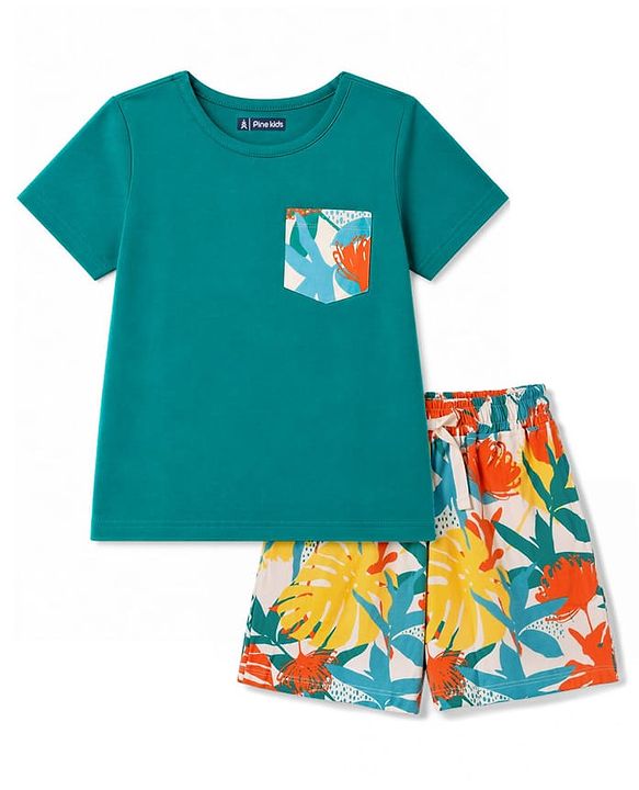 Pine Kids Cotton Knit Half Sleeves T-Shirt & Shorts Set with Tropical Theme Print - Green