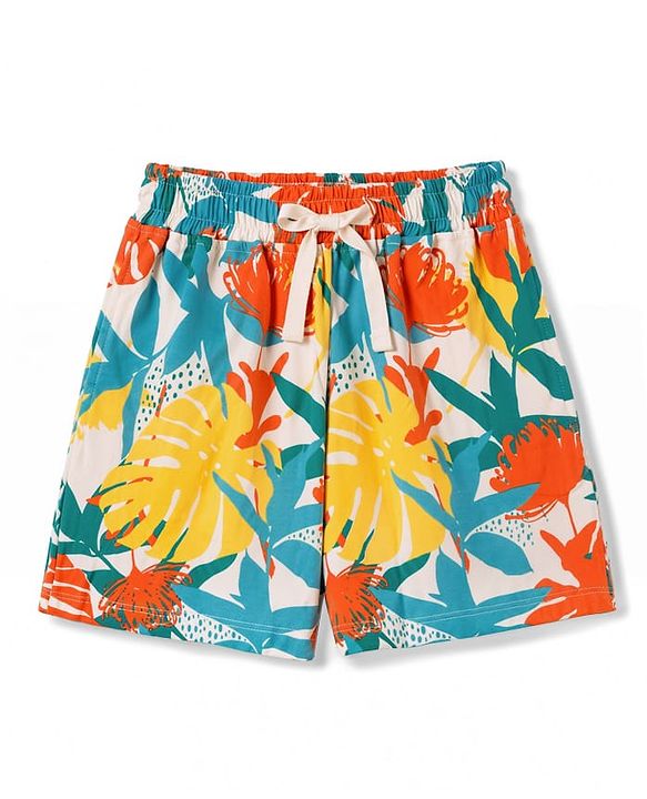 Pine Kids Cotton Knit Half Sleeves T-Shirt & Shorts Set with Tropical Theme Print - Green