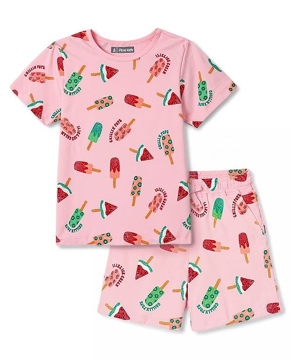 Pine Kids Cotton Knit Half Sleeves Co-Ords T-Shirt & Shorts Night Suit Icecream Print - Pink
