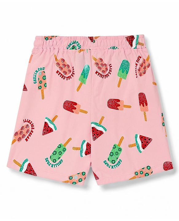 Pine Kids Cotton Knit Half Sleeves Co-Ords T-Shirt & Shorts Night Suit Icecream Print - Pink