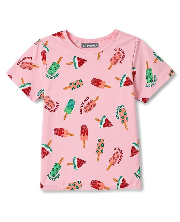 Pine Kids Cotton Knit Half Sleeves Co-Ords T-Shirt & Shorts Night Suit Icecream Print - Pink