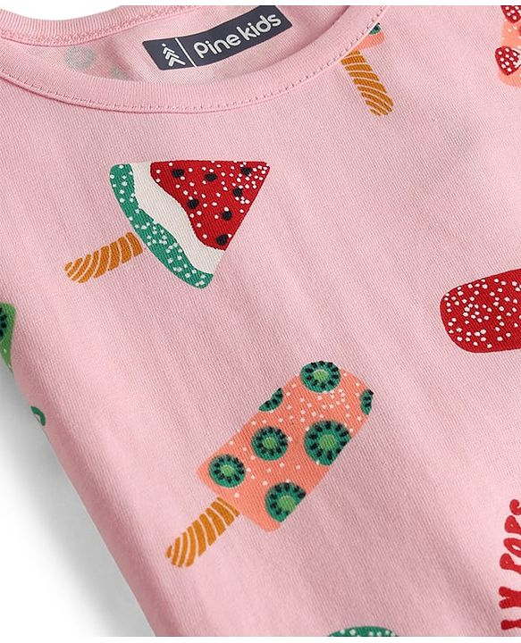 Pine Kids Cotton Knit Half Sleeves Co-Ords T-Shirt & Shorts Night Suit Icecream Print - Pink