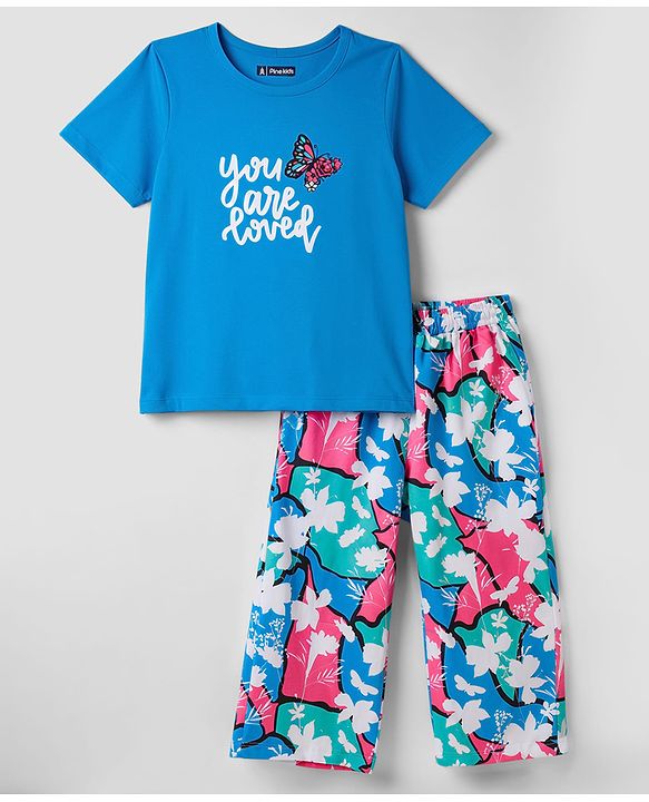 Pine Kids Cotton Knit Half Sleeves Butterfly Printed T-Shirt & Pyjama Night Suit - Blue