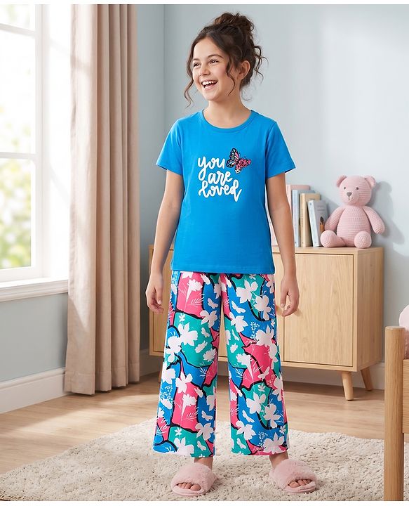 Pine Kids Cotton Knit Half Sleeves Butterfly Printed T-Shirt & Pyjama Night Suit - Blue
