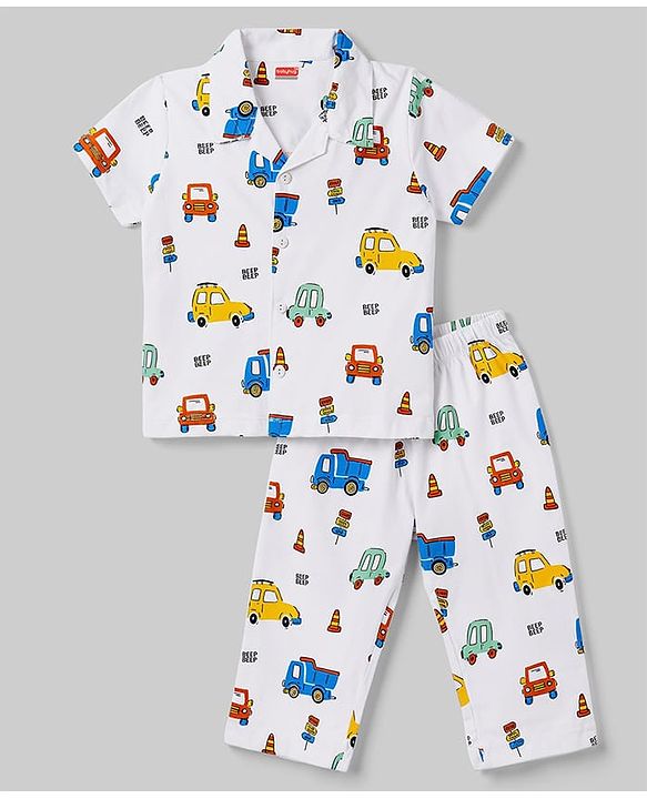 Babyhug Cotton Knit Half Sleeves Shirt & Pyjama Night Suit With Vehicle Print - White