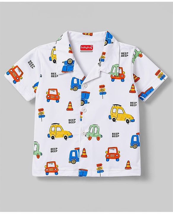 Babyhug Cotton Knit Half Sleeves Shirt & Pyjama Night Suit With Vehicle Print - White
