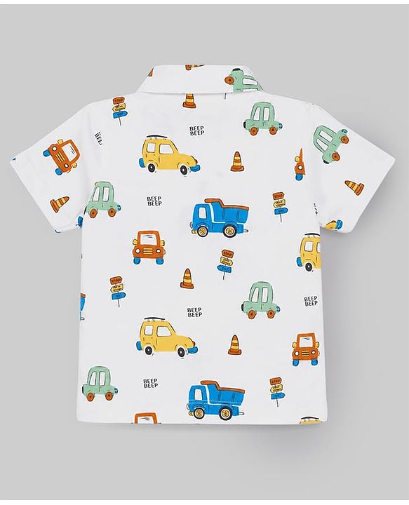 Babyhug Cotton Knit Half Sleeves Shirt & Pyjama Night Suit With Vehicle Print - White