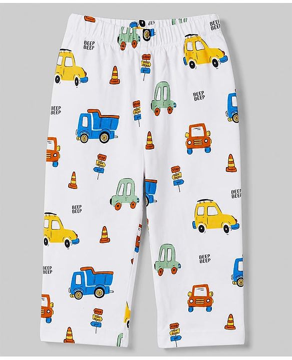 Babyhug Cotton Knit Half Sleeves Shirt & Pyjama Night Suit With Vehicle Print - White