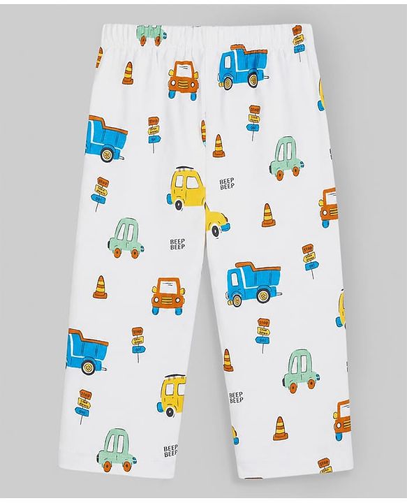 Babyhug Cotton Knit Half Sleeves Shirt & Pyjama Night Suit With Vehicle Print - White