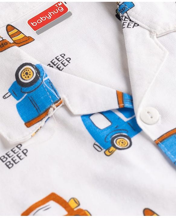 Babyhug Cotton Knit Half Sleeves Shirt & Pyjama Night Suit With Vehicle Print - White