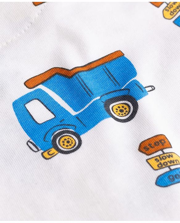 Babyhug Cotton Knit Half Sleeves Shirt & Pyjama Night Suit With Vehicle Print - White