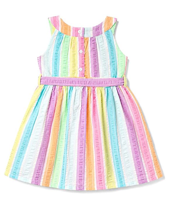 Babyhug Cotton Woven One Piece Dress Sleeveless Striped With Belt Multi Color 9-12 Months