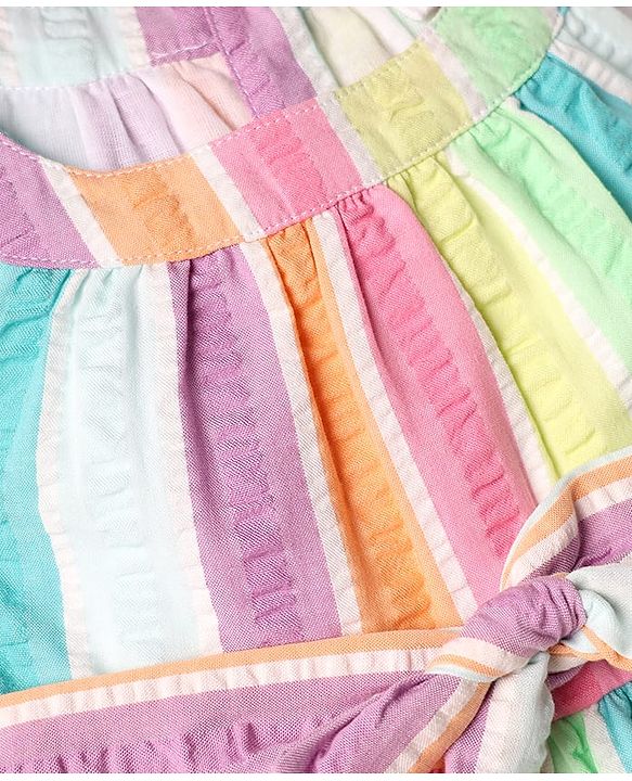 Babyhug Cotton Woven One Piece Dress Sleeveless Striped With Belt Multi Color 9-12 Months