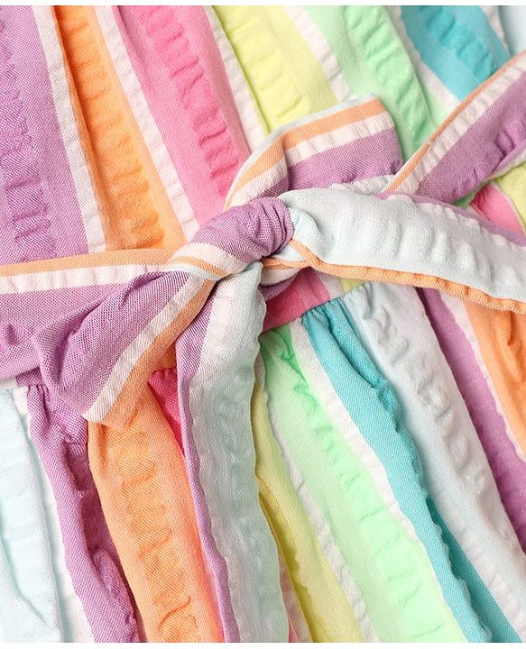 Babyhug Cotton Woven One Piece Dress Sleeveless Striped With Belt Multi Color 9-12 Months