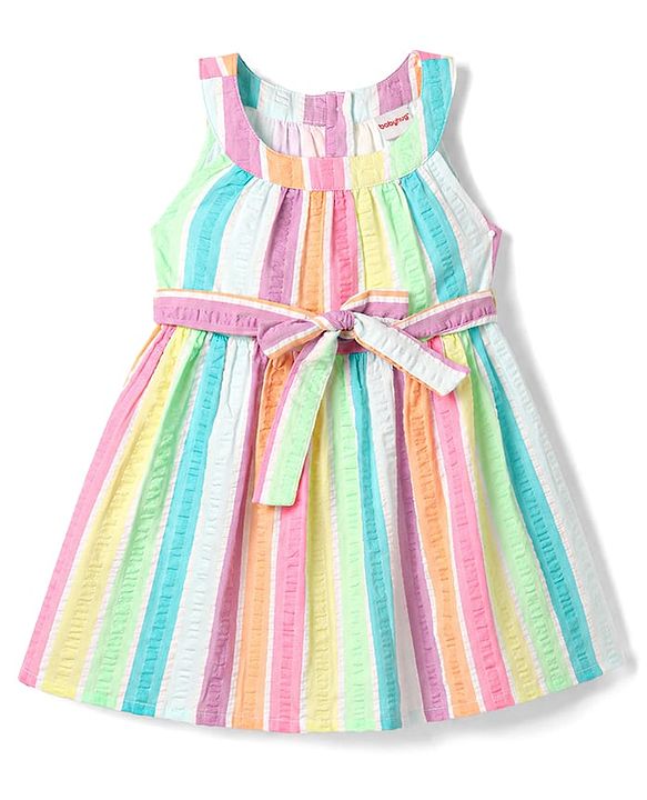 Babyhug Cotton Woven One Piece Dress Sleeveless Striped With Belt Multi Color 9-12 Months