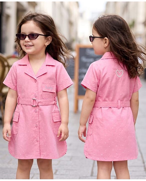 Babyhug Cotton Woven Half Sleeves One Piece Shirt Dress with Text Embroidery & Belt - Pink