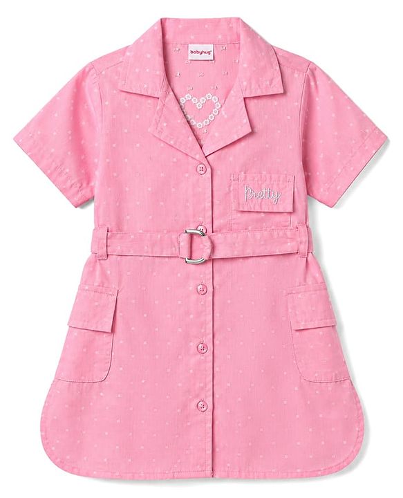 Babyhug Cotton Woven Half Sleeves One Piece Shirt Dress with Text Embroidery & Belt - Pink