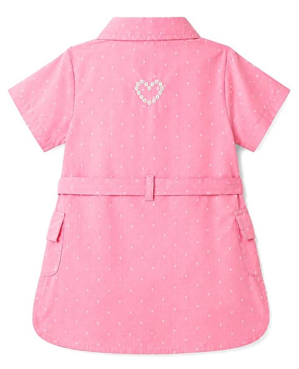 Babyhug Cotton Woven Half Sleeves One Piece Shirt Dress with Text Embroidery & Belt - Pink