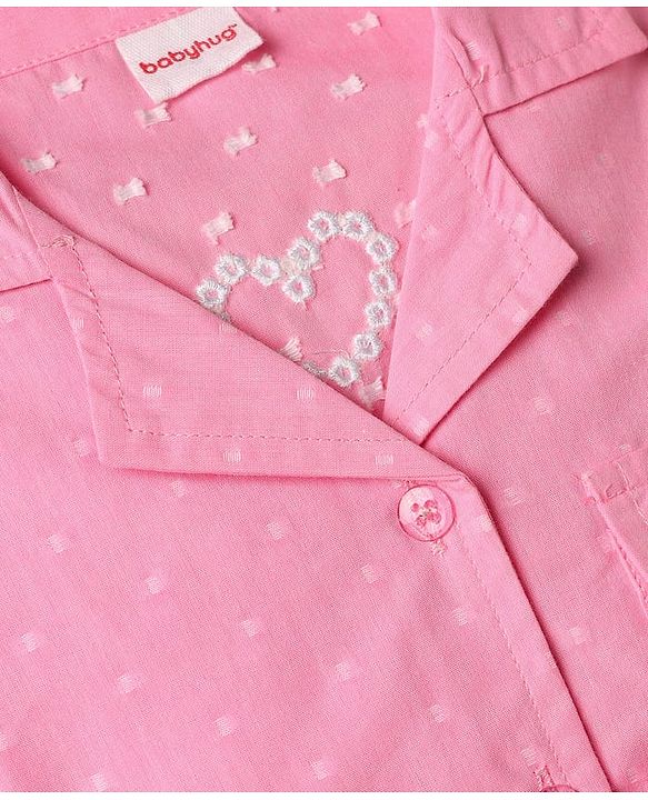 Babyhug Cotton Woven Half Sleeves One Piece Shirt Dress with Text Embroidery & Belt - Pink